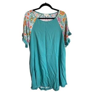 Umgee Solid/Floral Linen Dress Fringed Sleeves & Hem Pockets Size Medium